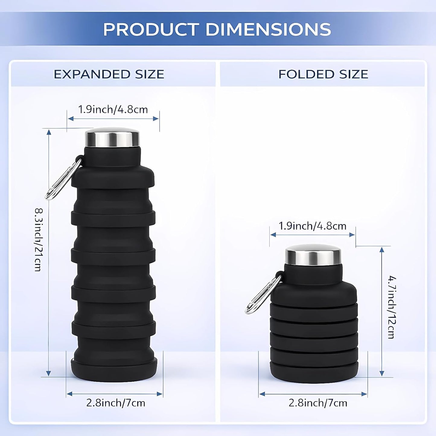 Collapsible Water Bottles,16oz Capacity Portable Reusable Silicone Water Bottle,Leak-proof,with buckle,foldable storage,Lightweight Durable for Fitness,Cycling,Sports,Camping,Hiking (Deep Black)