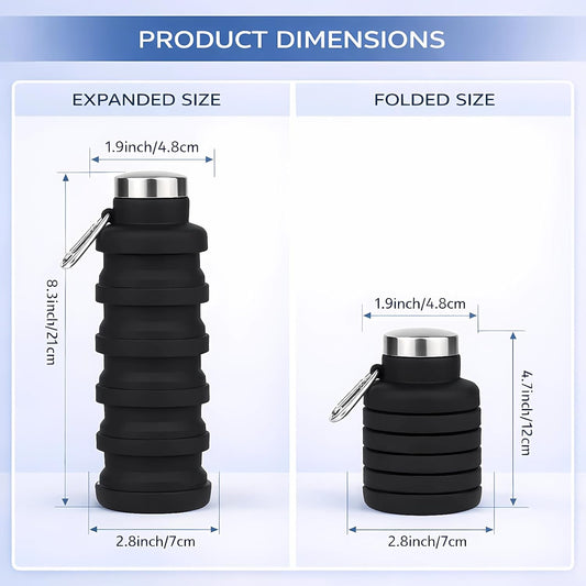 Collapsible Water Bottles,16oz Capacity Portable Reusable Silicone Water Bottle,Leak-proof,with buckle,foldable storage,Lightweight Durable for Fitness,Cycling,Sports,Camping,Hiking (Deep Black)