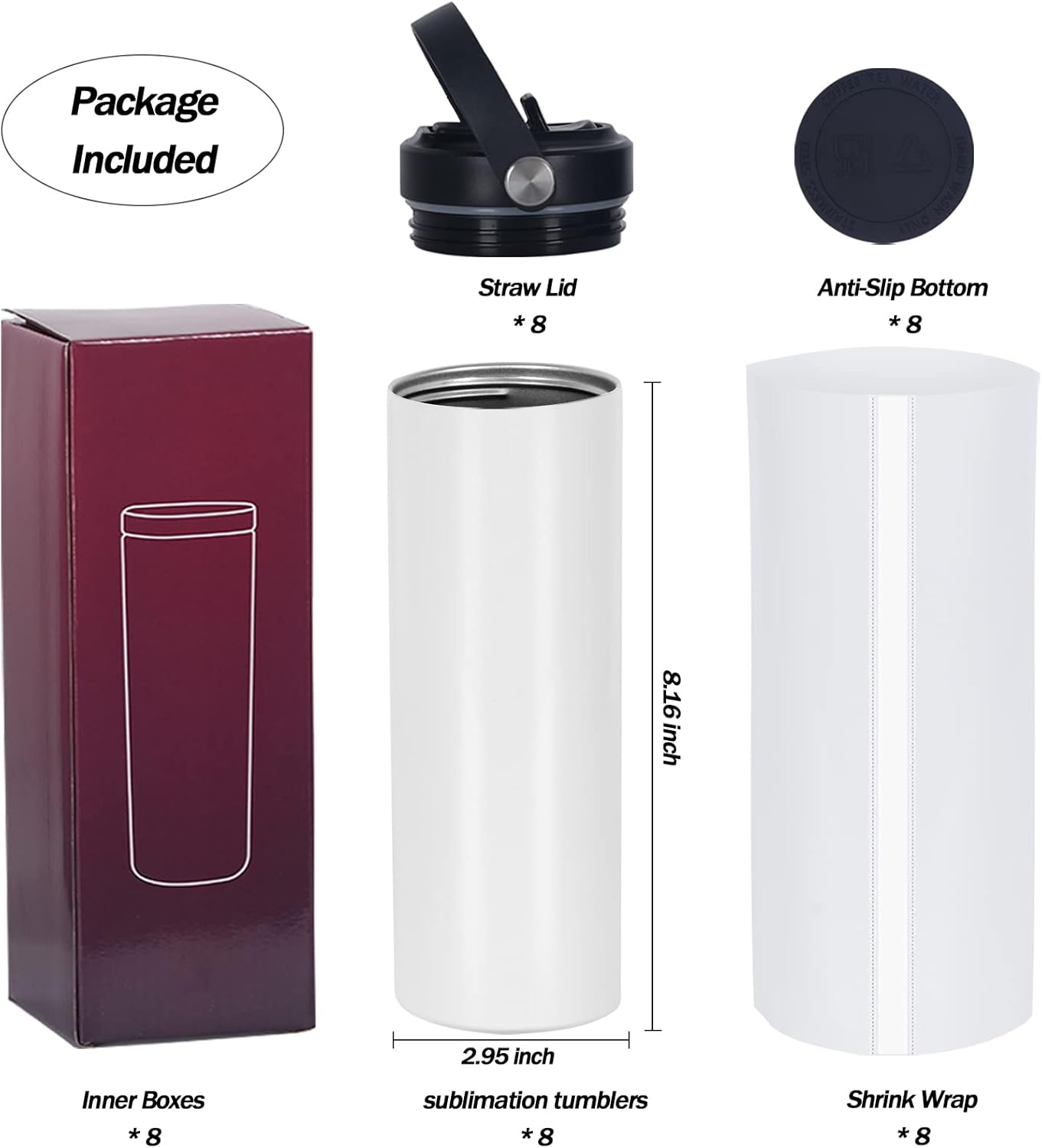 8 Pack Sublimation Tumbler Bulk 20oz Skinny Straight, Sublimation Sport Water Bottles, Double Wall Stainless Steel Cups with Portable Handle, Individually Boxed