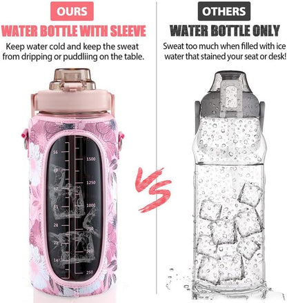 Half Gallon Water Bottle with Sleeve, 64OZ Motivational Water Bottle with Straw & Time Marker, BPA Free Leakproof Gym for Sport Workout