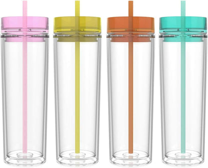Maars Skinny Clear Tumbler with Lid and Straw | 16oz Premium Acrylic, Insulated Double Wall Plastic Reusable Water Cups, BPA-Free To Go Cups for Iced Coffee, Juice & Ice Tea