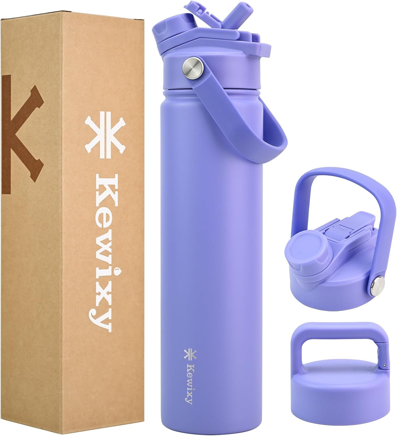 KEWIXY 32 oz Insulated Water Bottle, 2-in-1 Lid, Straw & Spout with Protected, Leak Proof, Keep Cold, Stainless Steel, Metal, Reusable, Handle, for Outdoor, Gym and School, 2 Lids, Blush Pink