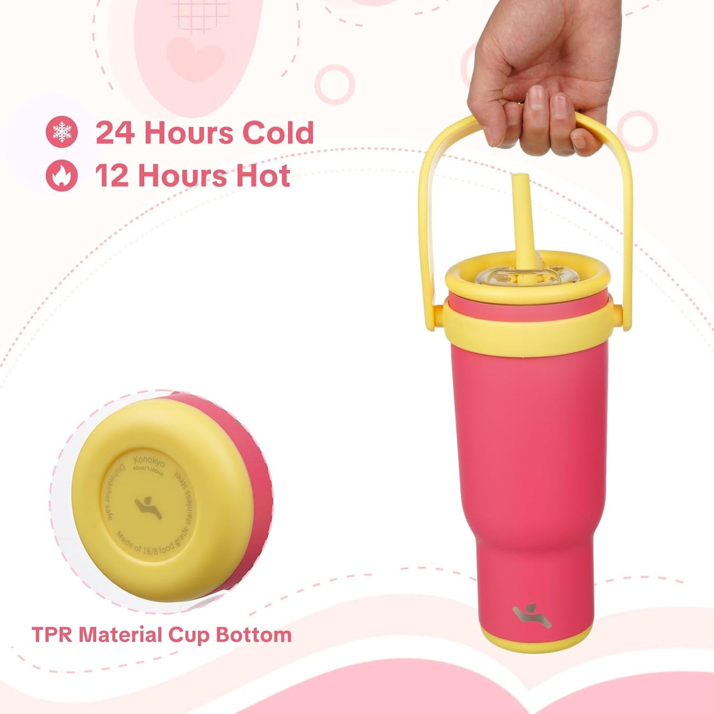 Konokyo 30 oz Tumbler with Side Handle, Insulated Water Bottle with Straw and 2 in 1 Lid, Stainless Steel Cup Travel Coffee Mug for Sports Office Gym,Purple