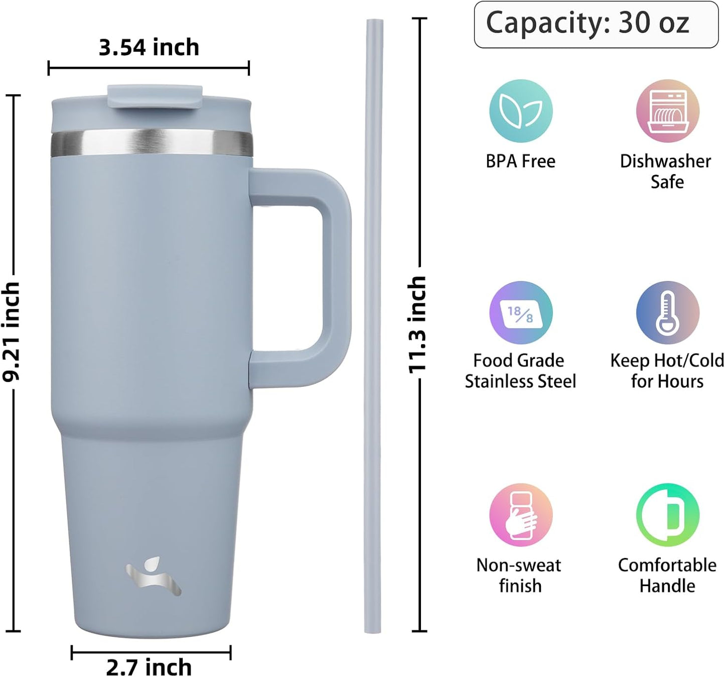Konokyo 30 oz Tumbler with Handle and 2 Straws,2 in 1 Lid Insulated Water Bottle Stainless Steel Travel Coffee Mug,Sky