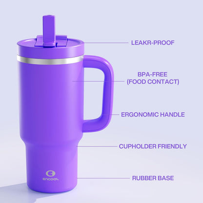 40 oz Tumbler with Handle and Straw: Stainless Steel Insulated Tumbler Keeps Cold for 24 Hours, Leakproof Travel Cup Fits in Cup Holder and BPA-Free, Cotton Candy