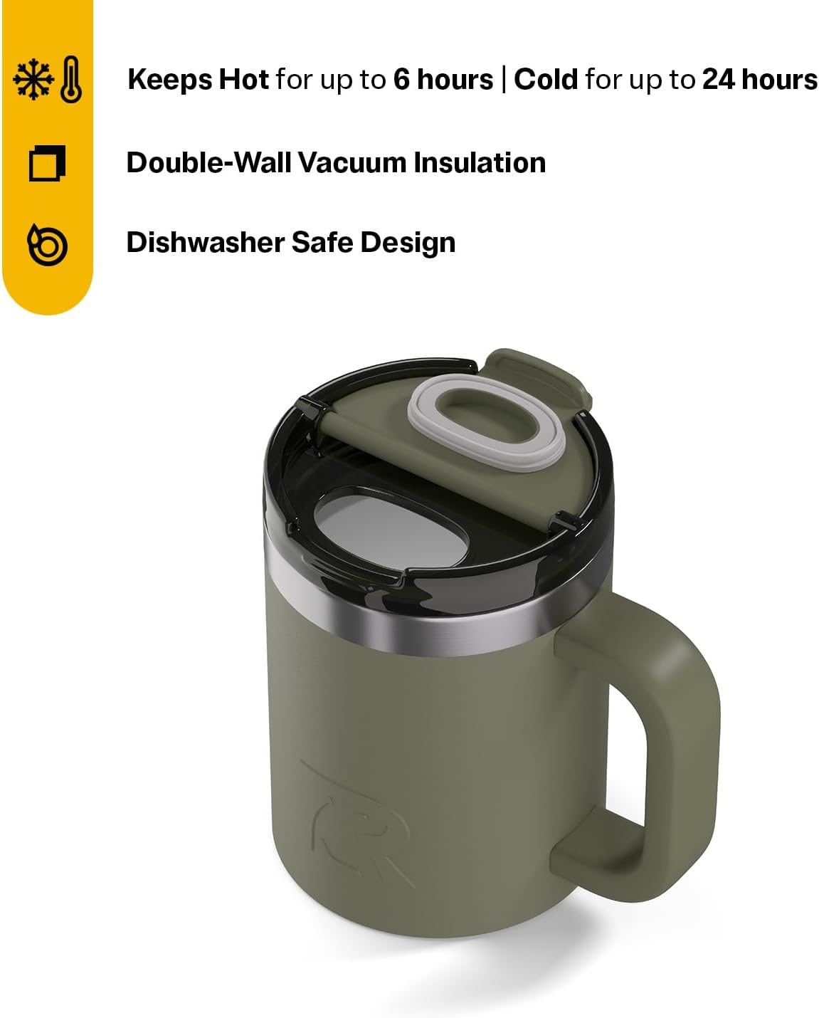 RTIC 12oz Essential Mug with Lid and Handle, Ceramic Lined, Insulated, Stainless Steel, Metal, Double Wall Vacuum-Insulation, Portable, Travel Cup for Hot and Cold Drink, Beach