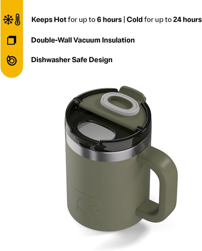 RTIC 12oz Essential Mug with Lid and Handle, Ceramic Lined, Insulated, Stainless Steel, Metal, Double Wall Vacuum-Insulation, Portable, Travel Cup for Hot and Cold Drink, Beach