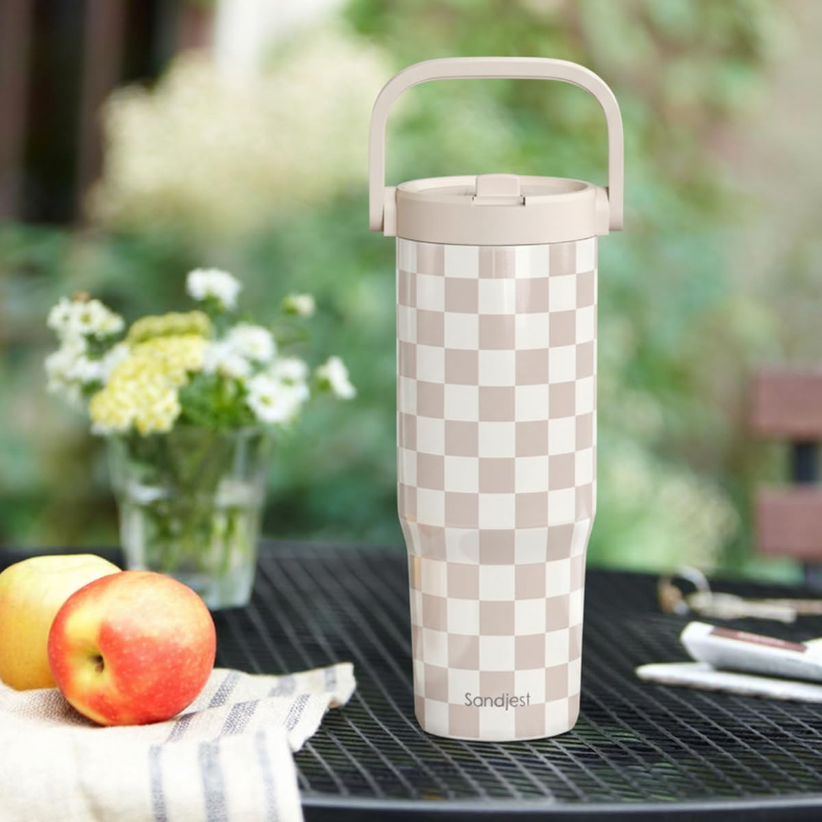 SANDJEST Leopard Skin Stainless Steel Straw Lid Tumbler 30oz with Carry Handle for Women Girls, Insulated Travel Coffee Cup, Gift for Sports Outdoor Workout Christmas Birthday (Beige)