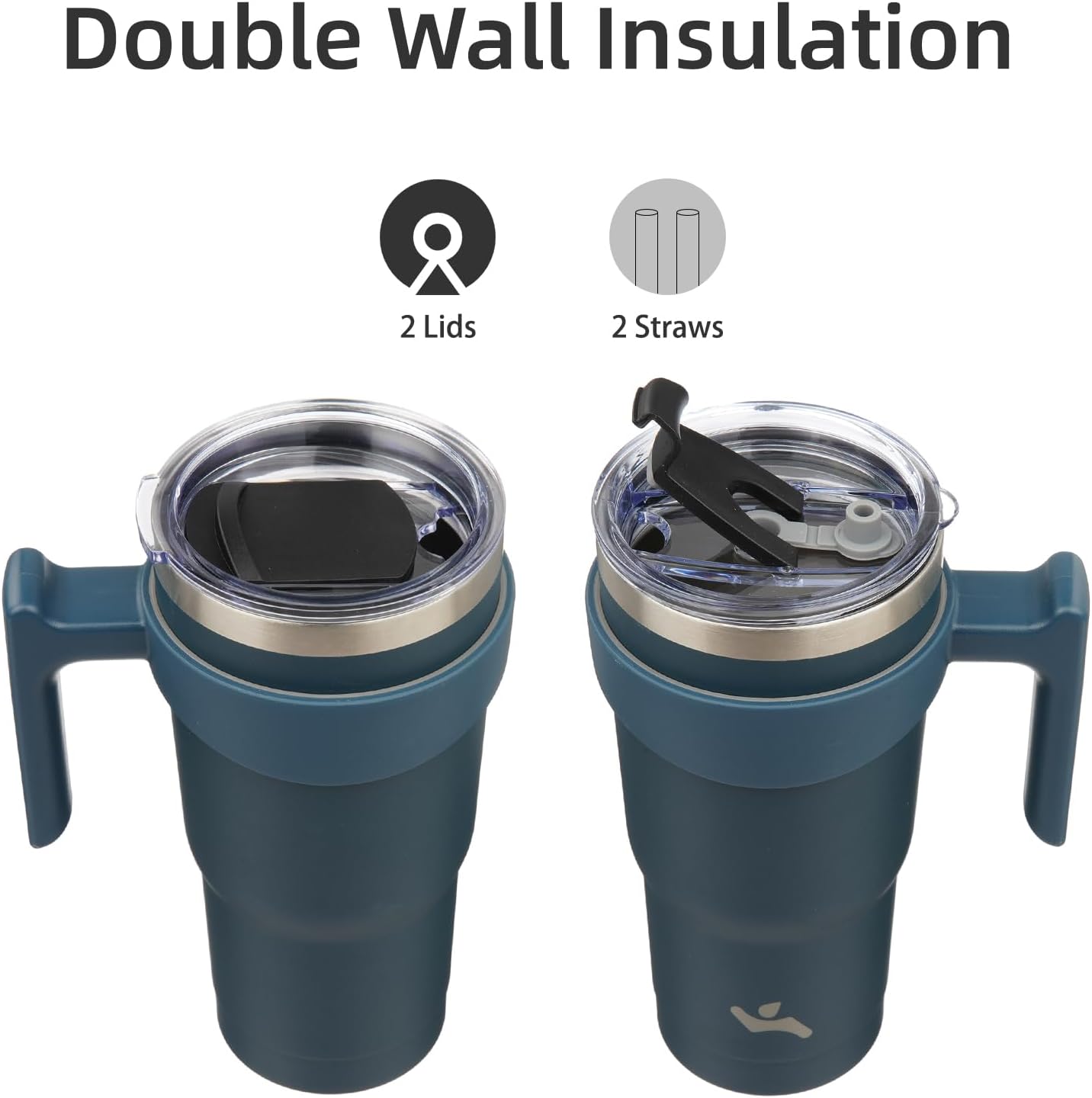 Konokyo 20 oz Tumbler with Handle and 2 Straw 2 Lid, Insulated Water Bottle Stainless Steel Vacuum Cup Reusable Travel Mug,Black