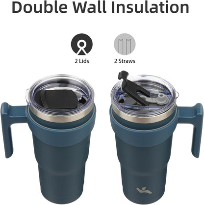 Konokyo 20 oz Tumbler with Handle and 2 Straw 2 Lid, Insulated Water Bottle Stainless Steel Vacuum Cup Reusable Travel Mug,Black