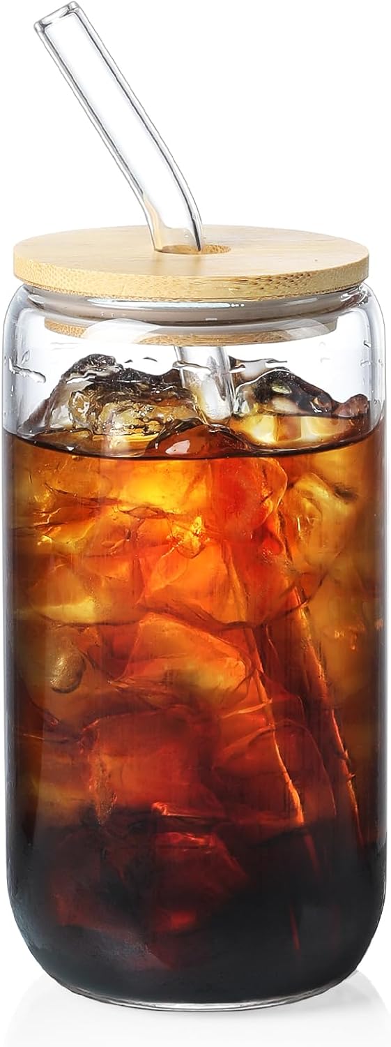 Drinking Glasses with Bamboo Lids and Glass Straw 4pcs Set - 16oz Glass Cups, Iced Coffee Glasses, Cute iced Tea Glasses, Beer Glasses, Ideal for Coffee Bar Accessories, Aesthetic Gift - 2 Brushes