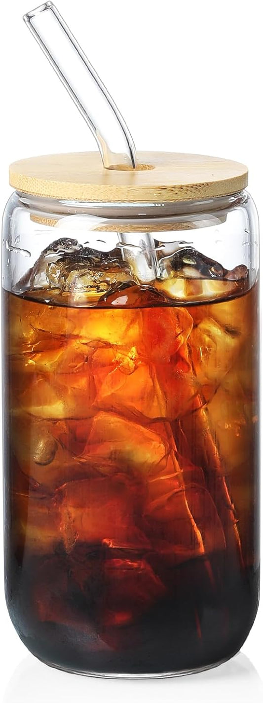 Drinking Glasses with Bamboo Lids and Glass Straw 4pcs Set - 16oz Glass Cups, Iced Coffee Glasses, Cute iced Tea Glasses, Beer Glasses, Ideal for Coffee Bar Accessories, Aesthetic Gift - 2 Brushes