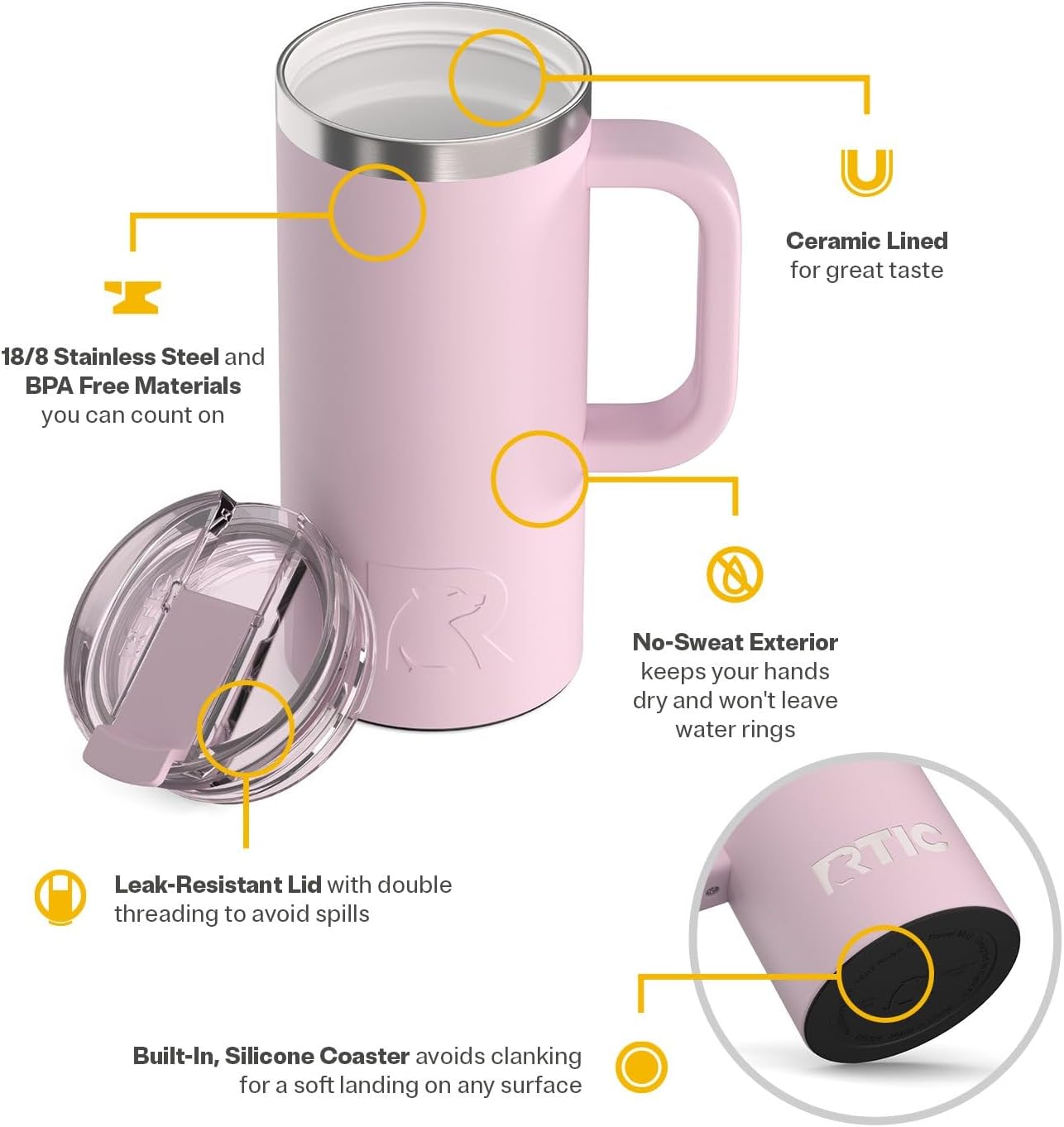 RTIC 20oz Road Trip Travel Mug with Lid and Handle, Ceramic Lined, Insulated, Stainless Steel, Metal, Double Wall Vacuum-Insulation, Portable Coffee, Tea Cup for Hot and Cold Drink, Black