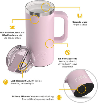 RTIC 20oz Road Trip Travel Mug with Lid and Handle, Ceramic Lined, Insulated, Stainless Steel, Metal, Double Wall Vacuum-Insulation, Portable Coffee, Tea Cup for Hot and Cold Drink, Black