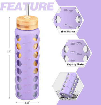 MUKOKO Glass Water Bottles, 32oz Glass Tumbler with Straw, Drinking Bottles with 2 Lids-Handle Spout Lid&Bamboo Straw Lid, Motivational Water Bottle with Time Marker and Silicone Sleeve, 1 Pack-Olive