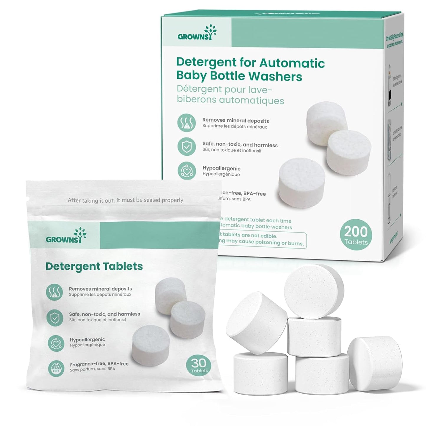 GROWNSY Bottle Washer Detergent Tablets, 130 Count, Deep Cleaning, Compatible with All Brands of Baby Bottle Washers, Removes Milk Residue, Grease & Odor from Bottles and Pump Parts