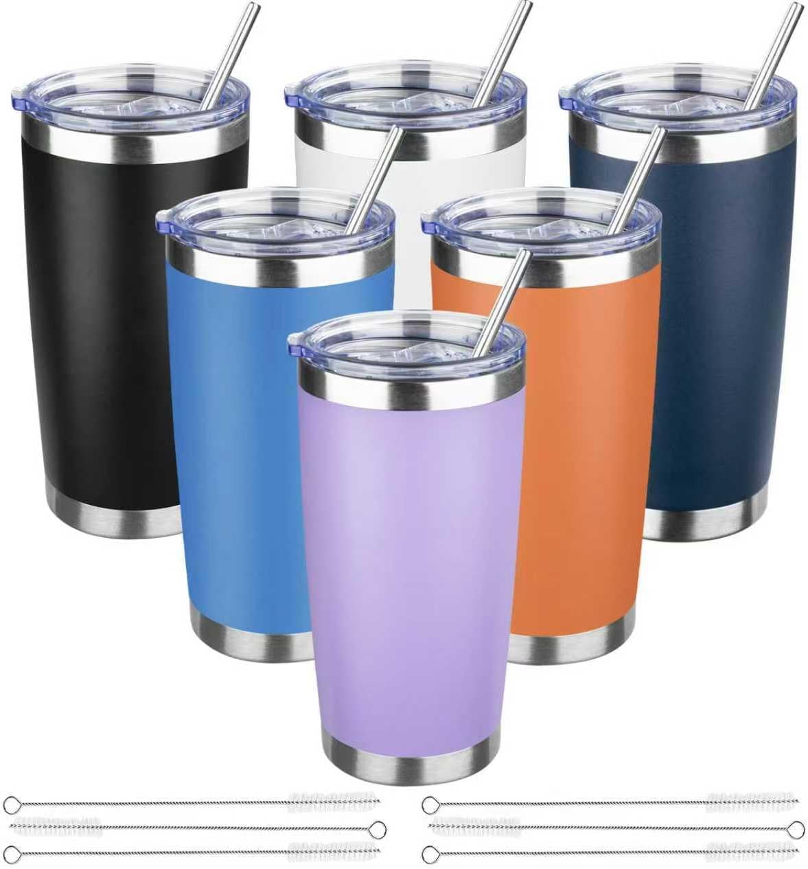 20 oz Tumbler with Lids and Straws, Stainless Steel Insulated Travel Coffee Mug, Double Wall Vacuum Insulated Tumblers, Powder Coated Coffee Tumbler for Cold & Hot Drinks (Light Purple)