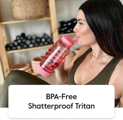 Takeya Motivational Water Bottle with Straw Lid and Time Marker (64 oz, Vivacity Purple) - Leakproof, BPA Free Water Bottle for Daily Intake Tracking