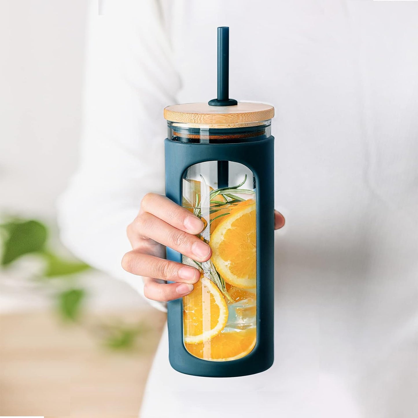 Kodrine 20oz Glass Water Tumbler with Straw and Lid, Bamboo Lids Water Bottle, Iced Coffee Cup Reusable, Wide Mouth Smoothie Cups with Protective Silicone Sleeve BPA FREE-Black - Colors A