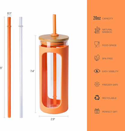 Kodrine 20oz Glass Water Tumbler with Straw and Lid, Bamboo Lids Water Bottle, Iced Coffee Cup Reusable, Wide Mouth Smoothie Cups with Protective Silicone Sleeve BPA FREE-Black - Colors B