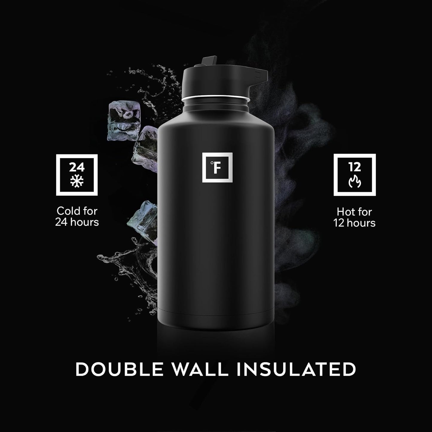 IRON °FLASK Camping & Hiking Hydration Flask with Straw, Wide Mouth Insulated Stainless Steel Sports Water Bottle - 40 oz Midnight Black