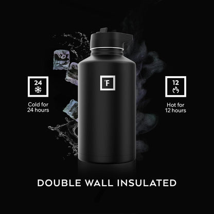 IRON °FLASK Camping & Hiking Hydration Flask with Straw, Wide Mouth Insulated Stainless Steel Sports Water Bottle - 40 oz Midnight Black