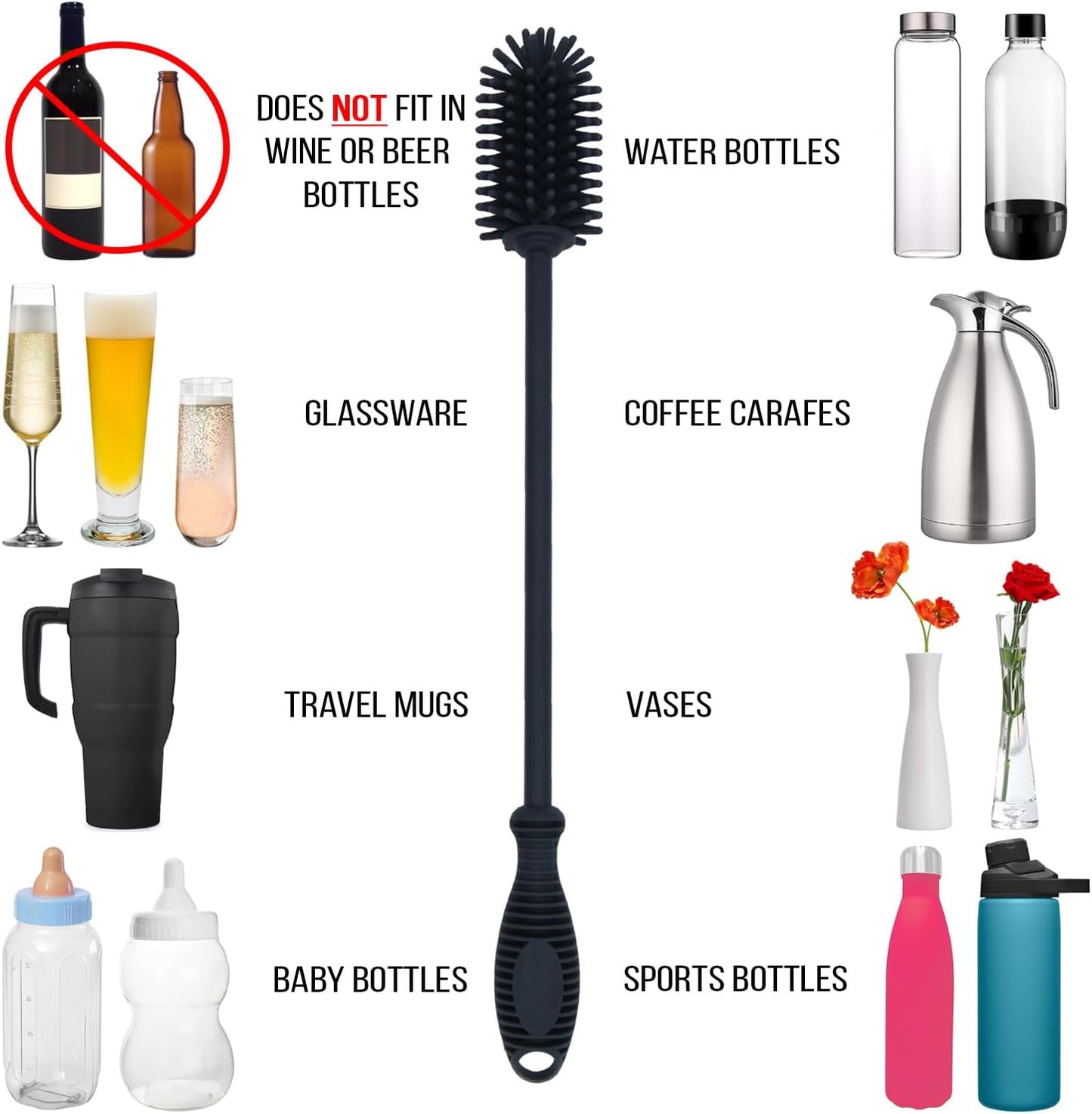 Kitchiny Silicone Bottle Brush with 2 Straw Cleaners - 12.5” Water Bottle Cleaner Brush for Yeti, Hydro Flask, Owala, Stanley, Baby Bottles, Glassware, Vases & Narrow Neck Containers - Orange