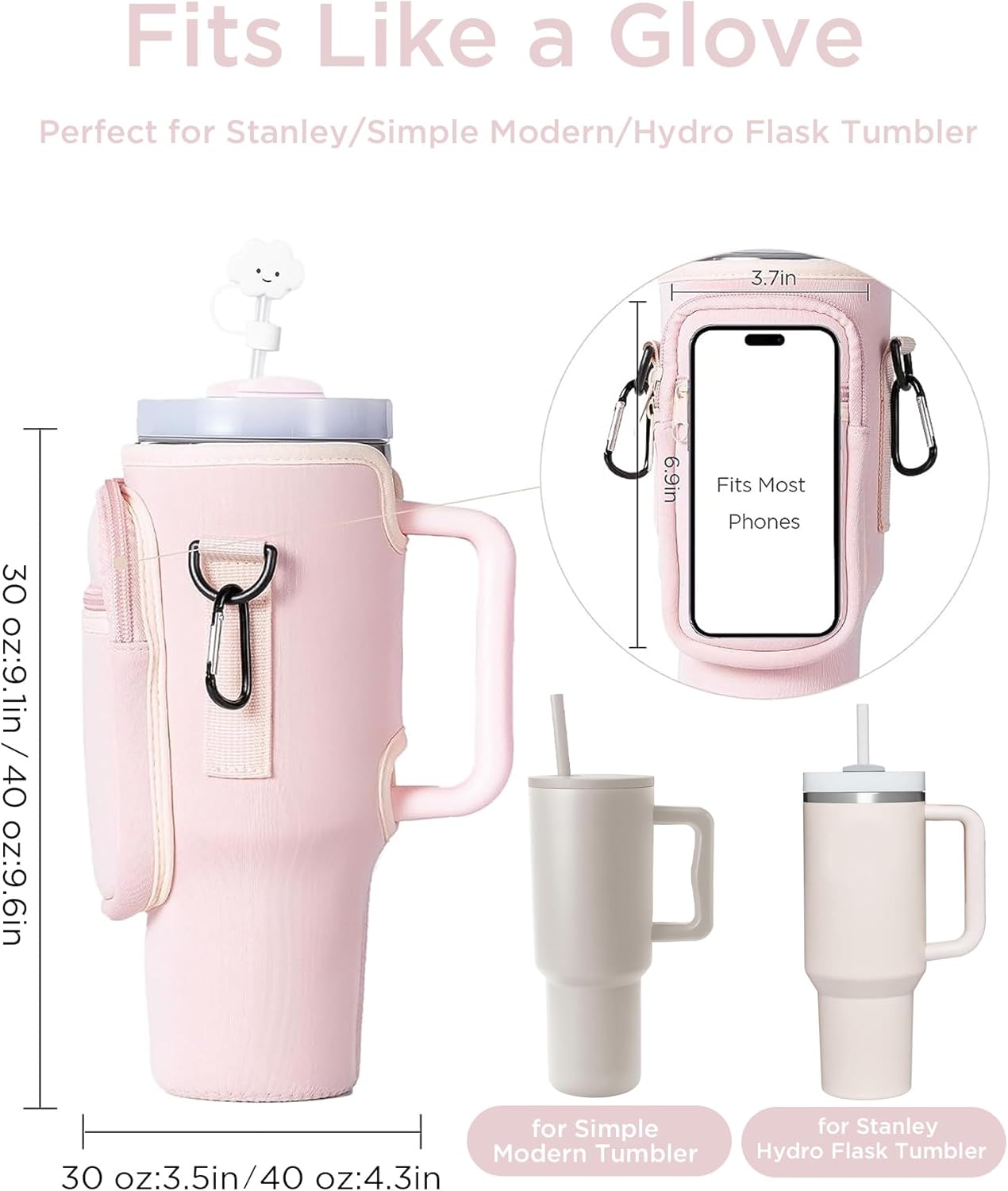 dabria Water Bottle Carrier Bag with Phone Pocket for Stanley 40/30 oz Tumbler Neoprene Water Bottle Holder Pouch with Adjustable Strap Bollus with Straw Cover for Stanley Cup Accessories