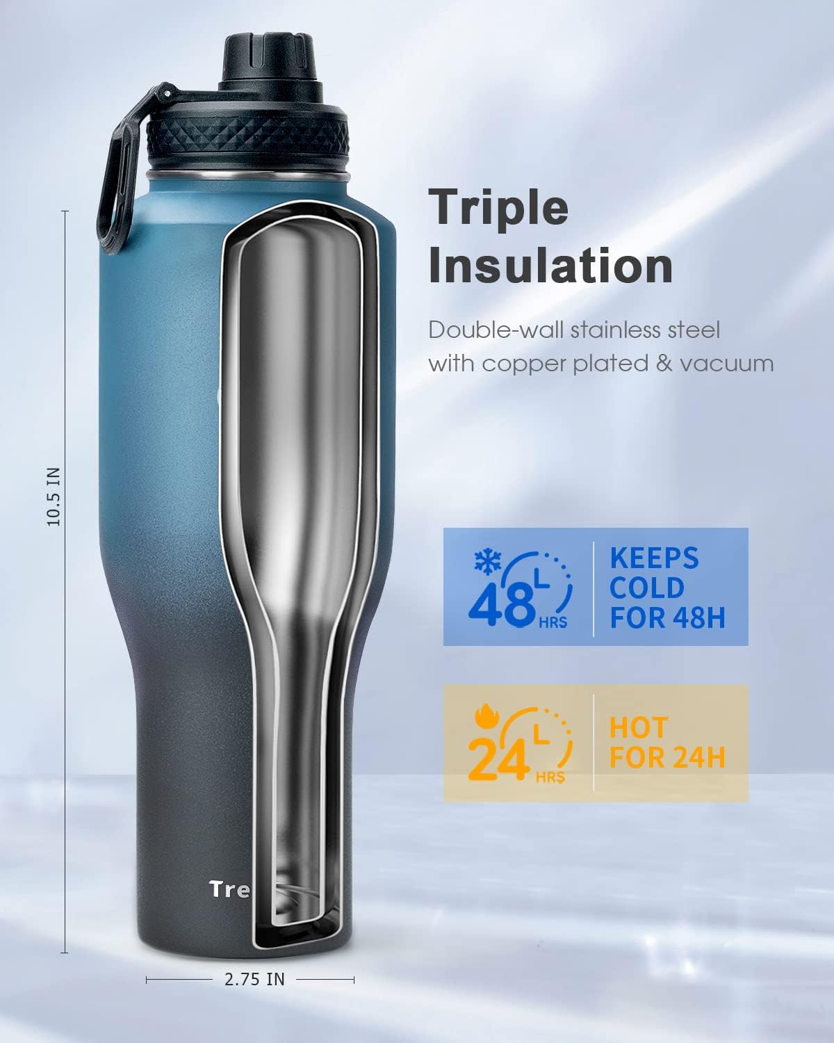 Trebo 40 oz Water Bottle Insulated Fit Car Cup Holder with Handle, Stainless Steel Water Bottles Tumbler with Spout Straw Lids, Double Wall Travel Reusable Flask, Leakproof Mug,Keep Cold &Hot,Black