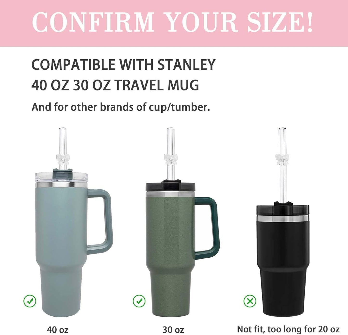 6 Pack Replacement Glass Straws for Stanley 40 oz 30 oz Tumbler, Reusable Cute Flower Glass Straws, Stanley Straw with Cleaning Brush Stanley Cup Accessories, 12 inches