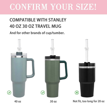 6 Pack Replacement Glass Straws for Stanley 40 oz 30 oz Tumbler, Reusable Cute Flower Glass Straws, Stanley Straw with Cleaning Brush Stanley Cup Accessories, 12 inches