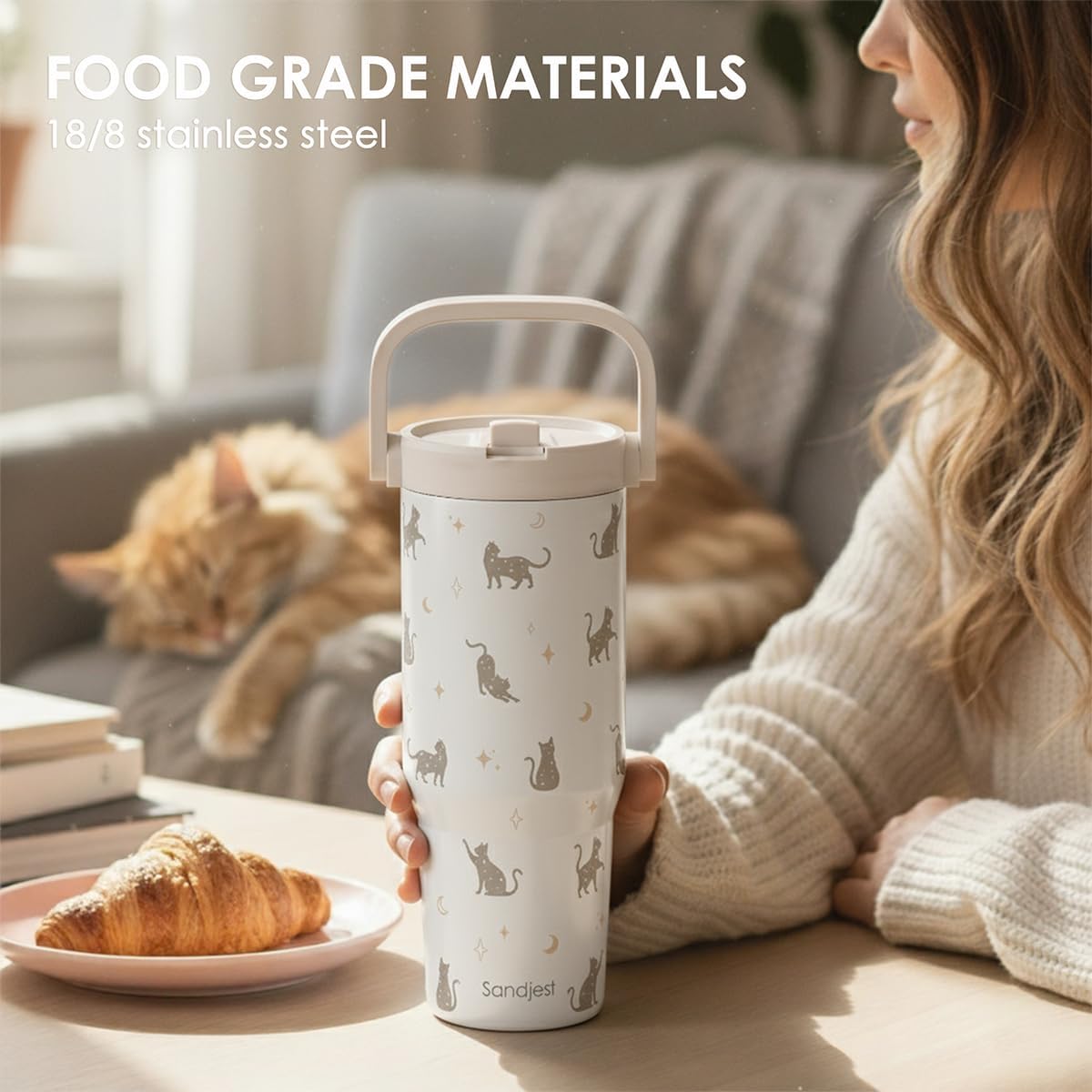 SANDJEST Leopard Skin Stainless Steel Straw Lid Tumbler 30oz with Carry Handle for Women Girls, Insulated Travel Coffee Cup, Gift for Sports Outdoor Workout Christmas Birthday (Beige)