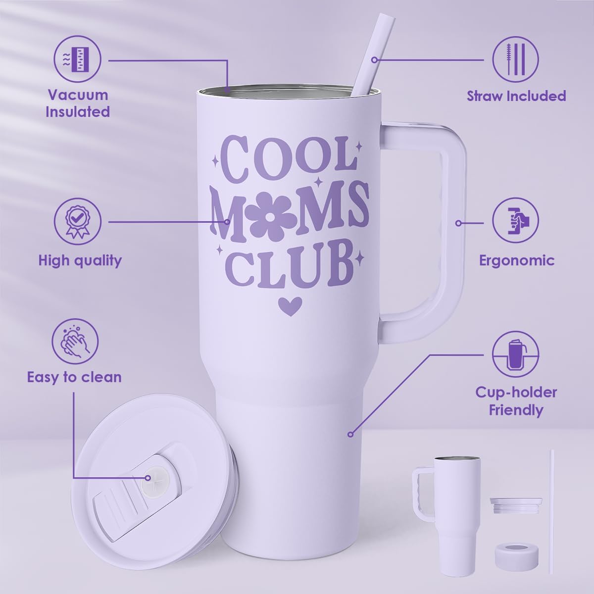 Floral Tumbler with Handle 40oz, Stainless Steel Insulated Tumblers Coffee Travel Mug Cup with Straw, Flower Coffee Cup Gifts for Women Girls, Gift for Her on Christmas Birthday Mothers Day