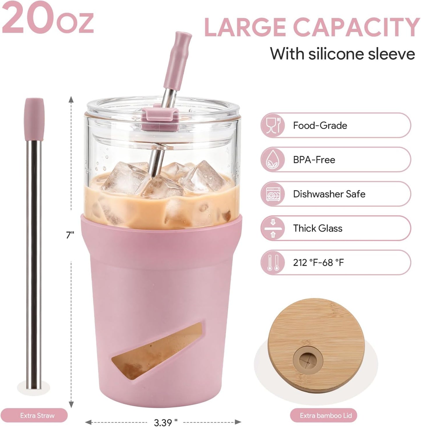 Glass Tumbler with Lids and Straws, 20 oz Iced Coffee Cup and Smoothie Cup with Bamboo Lid and On the go Lid,Glass Cups With Straws