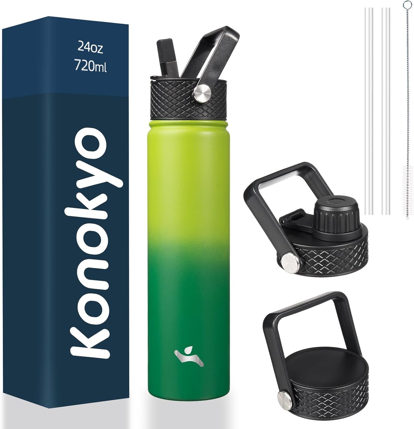 Konokyo 22oz Stainless Steel Bottles with 3 Lids Sport Insulated Water Bottle,Mint
