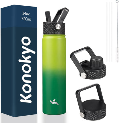 Konokyo 22oz Stainless Steel Bottles with 3 Lids Sport Insulated Water Bottle,Mint