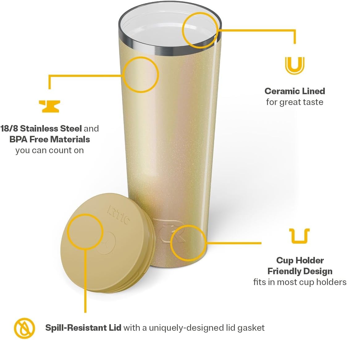 RTIC 20oz Everyday Tumbler Insulated Stainless Steel Portable Travel Coffee Cup with Straw, Ceramic Lining, Spill-Resistant Lid, BPA-Free, Hot and Cold Drink, Beach