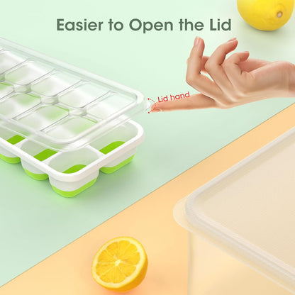 DOQAUS Ice Cube Tray with Lid and Bin - 4 Pack Silicone Ice Cube Trays for Freezer, Stackable Ice Bucket Kits with Storage Container & Scoop for Kitchen, RV, Cocktail, Coffee
