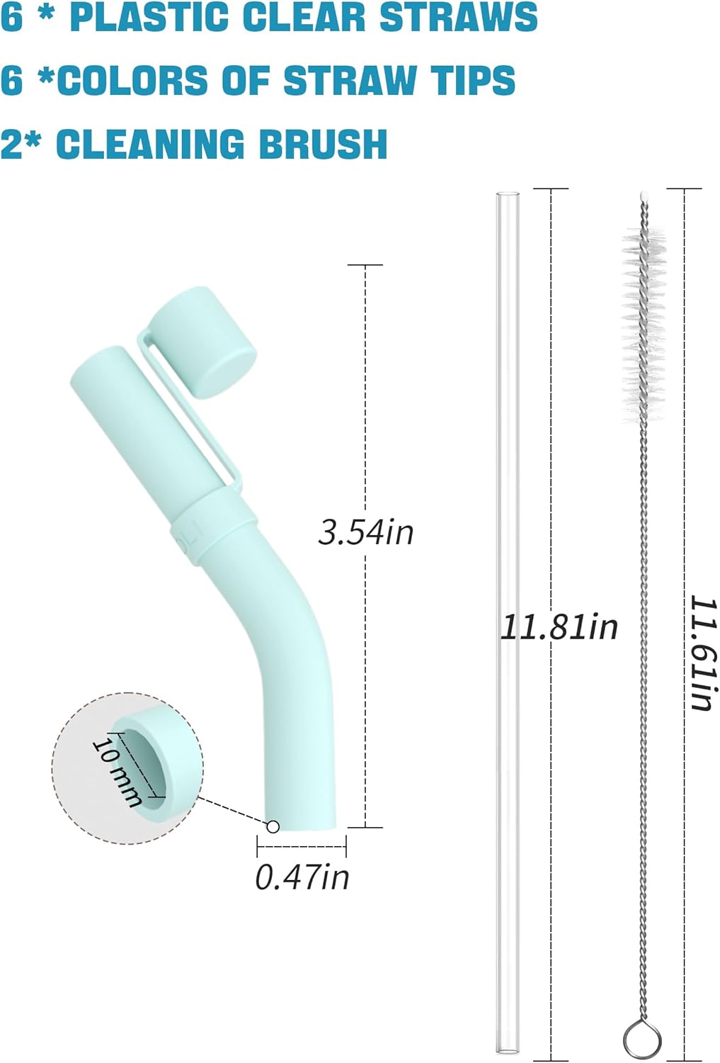 Doboli 6 Pack Reusable Drinking Long Straws with Silicone Tips,Compatible with Stanley 40 oz 30 oz Cup Tumbler,6 Clear Plastic Straws, 6 Silicone Tips, 2 Straw Cleaning Brush