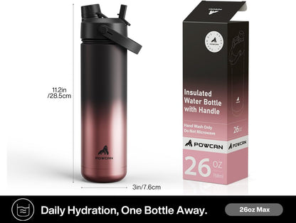 POWCAN 26 oz Insulated Water Bottle with 2-in-1 Straw and Spout Lid, Keep Cold 24H, Leak-Proof, Fits in Car Cup Holder, Stainless Steel Water Bottle for Sports, Travel, and School (Mint)