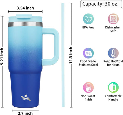 Konokyo 30 oz Tumbler with Handle and 2 Straws,2 in 1 Lid Insulated Water Bottle Stainless Steel Travel Coffee Mug,Sky