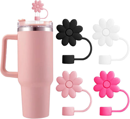 Flower Straw Covers Toppers for Stanley Cups 30&40 Oz Tumbler with Handle Accessories 4PCS Silicone Straw Caps Reusable Straws Tips Protectors for Stanley Cup 10mm 0.4in Straws,Off White