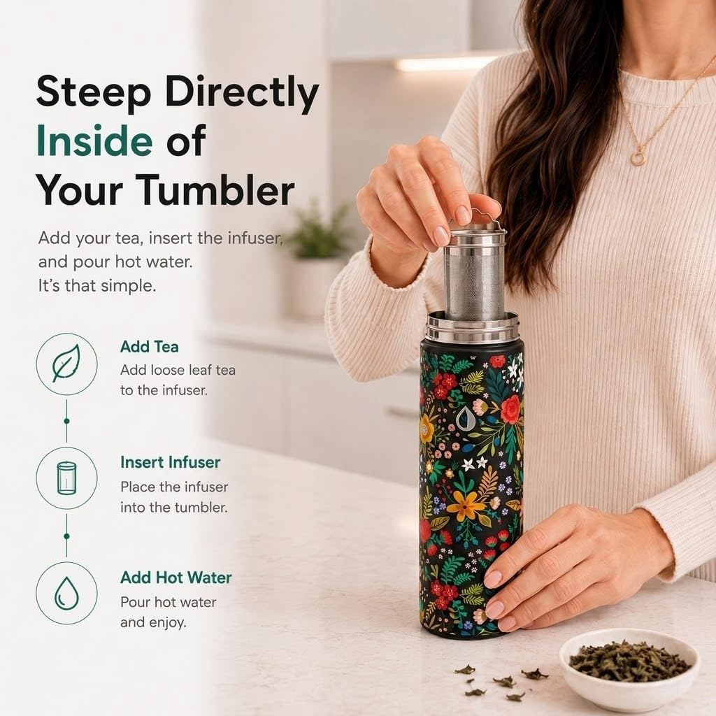22 oz Ceramic Lined Tea Infuser Travel Tumbler, Micro-Mesh Stainless Steel Infuser, Pure Taste Ceramic Interior, Triple Insulated 12hr Hot Cold, Dual Sip & Straw Lid, Scratch-Resistant
