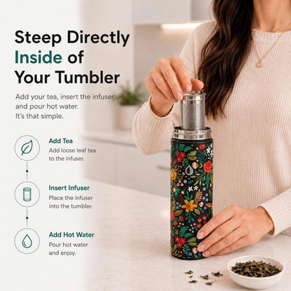 22 oz Ceramic Lined Tea Infuser Travel Tumbler, Micro-Mesh Stainless Steel Infuser, Pure Taste Ceramic Interior, Triple Insulated 12hr Hot Cold, Dual Sip & Straw Lid, Scratch-Resistant