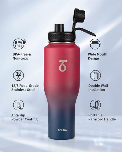 Trebo 40 oz Water Bottle Insulated Fit Car Cup Holder with Handle, Stainless Steel Water Bottles Tumbler with Spout Straw Lids, Double Wall Travel Reusable Flask, Leakproof Mug,Keep Cold &Hot,Black