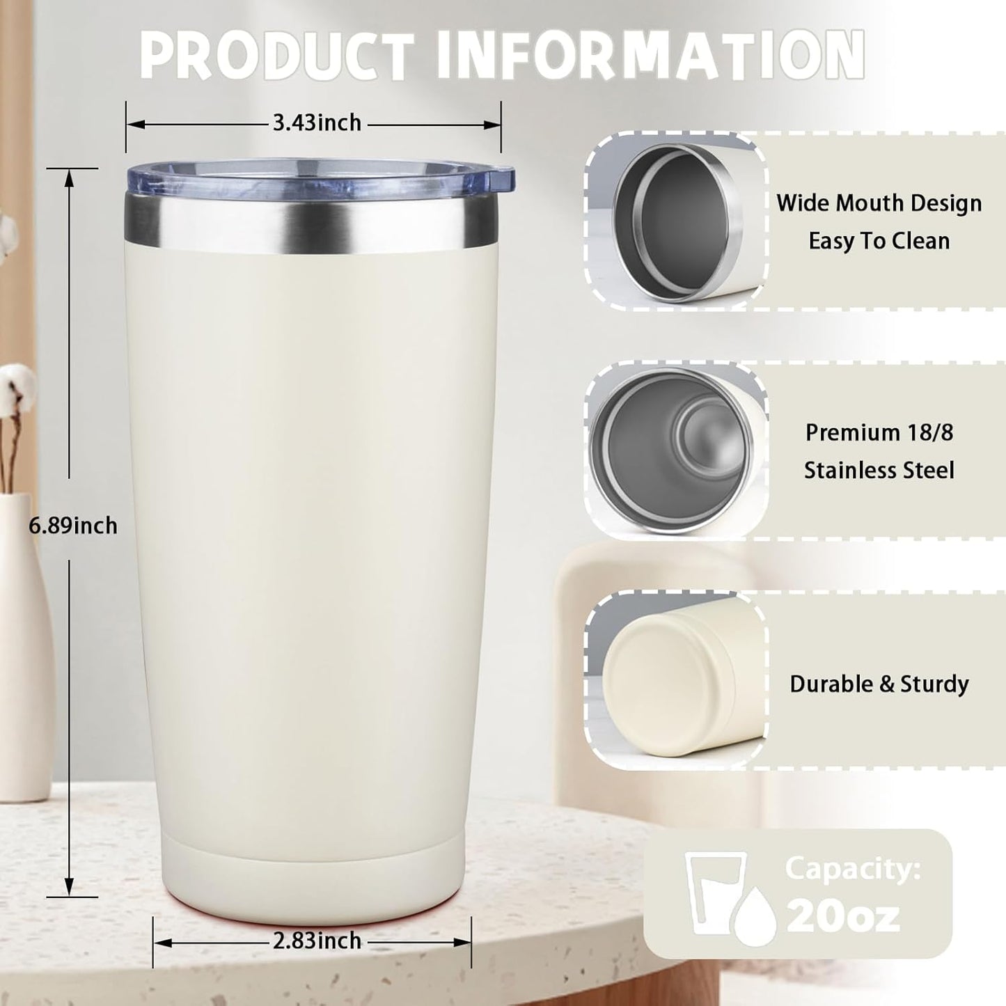 20 oz Tumbler with Lids and Straws, Stainless Steel Insulated Coffee Tumbler, Double Wall Vacuum Insulated Travel Mug Cup, Leakproof Thermal Coffee Cup for Hot and Cold Drinks (azure blue)