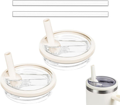 2 Pack 30 oz Tumbler Flip Straw Lid Replacement Compatible for Stanley Quencher, Leak Proof Lid Replacement for 30 OZ Stanley H2.0 FlowState Tumbler,Spill Proof Splash Reusable (Transparent Cream)