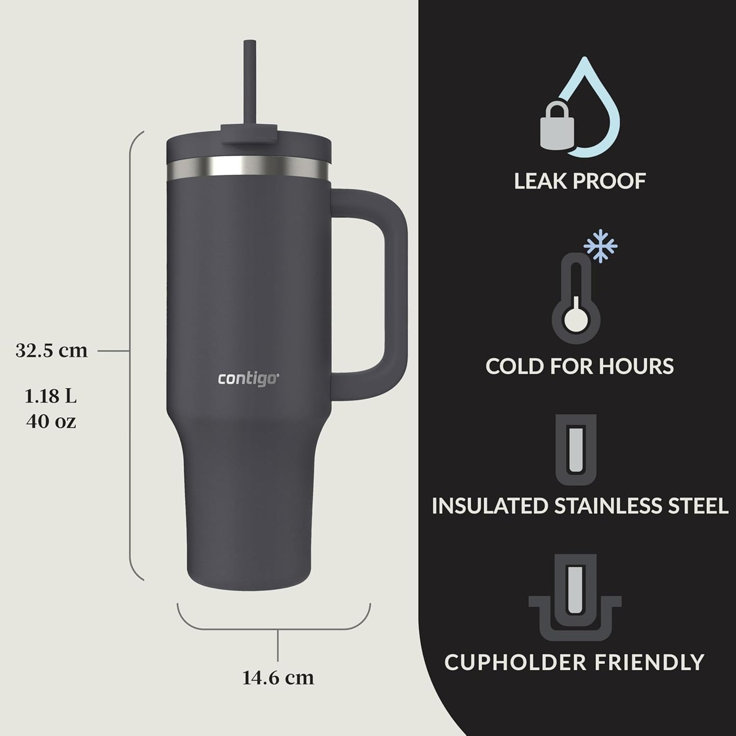 Contigo Streeterville 40oz Tumbler, Stainless Steel Vacuum Insulated, Leak-Proof, Cold for 29 Hours, Reef