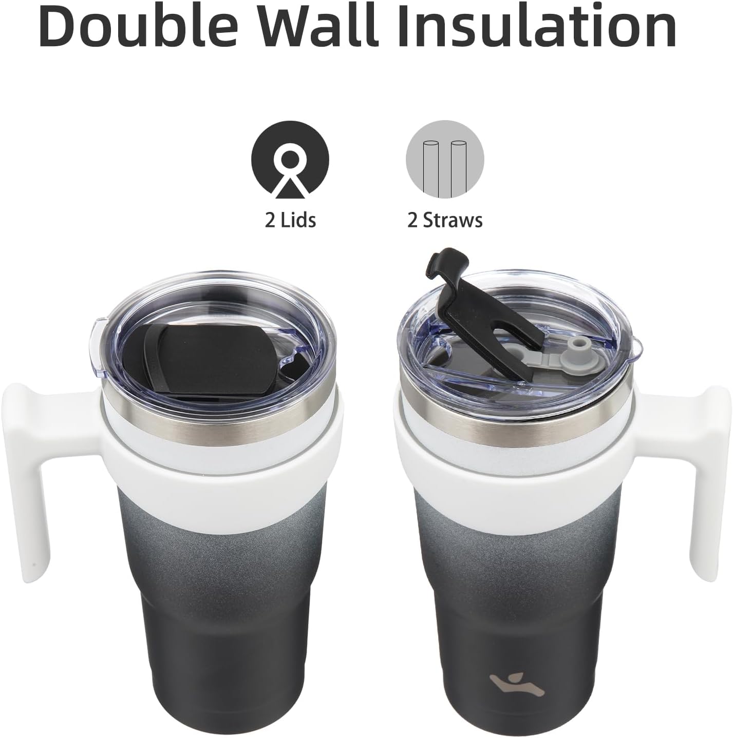 Konokyo 20 oz Tumbler with Handle and 2 Straw 2 Lid, Insulated Water Bottle Stainless Steel Vacuum Cup Reusable Travel Mug,Black