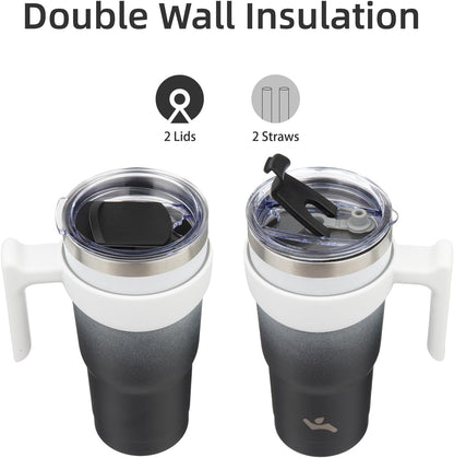Konokyo 20 oz Tumbler with Handle and 2 Straw 2 Lid, Insulated Water Bottle Stainless Steel Vacuum Cup Reusable Travel Mug,Black